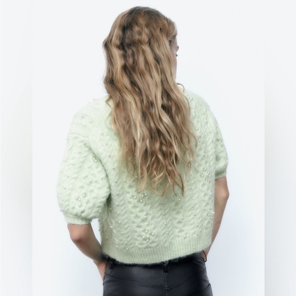 NWOT Zara Wool & Alpaca Blend Light Green Knit Sweater with Pearls - Picture 4 of 9